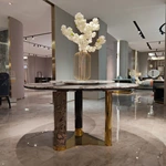 Yellow Velvet Dining Chair with Chinese Embroidered Back & Gold Stainless Steel Accents